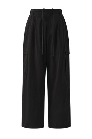 Retro Cargo-Style Drawstring Wide-Leg Pants for Women - Casual Straight-Leg Design with Large Pockets