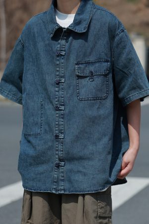 Retro Chinese-Style Distressed Denim Short Sleeve Shirt for Men and Women, Loose Summer Half Sleeve with Frog Buttons