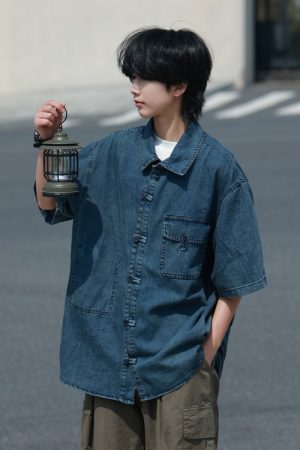 Retro Chinese-Style Distressed Denim Short Sleeve Shirt for Men and Women, Loose Summer Half Sleeve with Frog Buttons