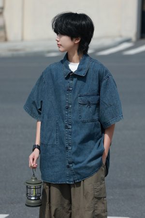 Retro Chinese-Style Distressed Denim Short Sleeve Shirt for Men and Women, Loose Summer Half Sleeve with Frog Buttons