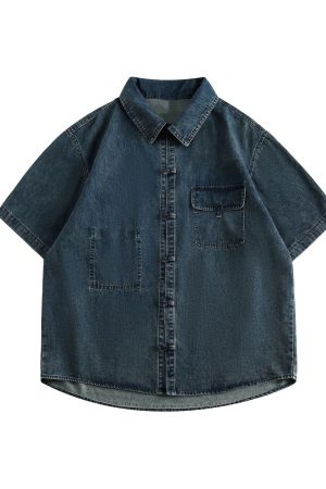 Retro Chinese-Style Distressed Denim Short Sleeve Shirt for Men and Women, Loose Summer Half Sleeve with Frog Buttons
