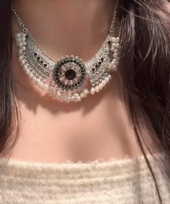 Retro Chinese-Style Tassel Imitation Miao Silver Necklace and Earring Set - Light Luxury Clavicle Chain, Ancient Accessories for Women