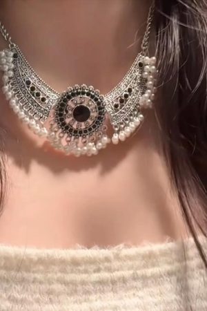 Retro Chinese-Style Tassel Imitation Miao Silver Necklace and Earring Set - Light Luxury Clavicle Chain, Ancient Accessories for Women
