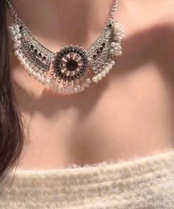 Retro Chinese-Style Tassel Imitation Miao Silver Necklace and Earring Set - Light Luxury Clavicle Chain, Ancient Accessories for Women