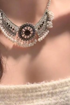 Retro Chinese-Style Tassel Imitation Miao Silver Necklace and Earring Set - Light Luxury Clavicle Chain, Ancient Accessories for Women