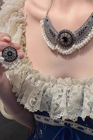 Retro Chinese-Style Tassel Imitation Miao Silver Necklace and Earring Set - Light Luxury Clavicle Chain, Ancient Accessories for Women