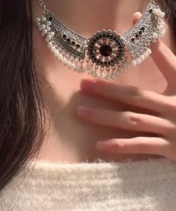 Retro Chinese-Style Tassel Imitation Miao Silver Necklace and Earring Set - Light Luxury Clavicle Chain, Ancient Accessories for Women