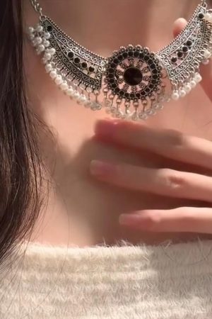 Retro Chinese-Style Tassel Imitation Miao Silver Necklace and Earring Set - Light Luxury Clavicle Chain, Ancient Accessories for Women
