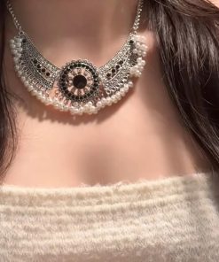 Retro Chinese-Style Tassel Imitation Miao Silver Necklace and Earring Set - Light Luxury Clavicle Chain, Ancient Accessories for Women