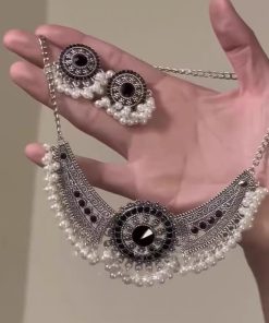 Retro Chinese-Style Tassel Imitation Miao Silver Necklace and Earring Set - Light Luxury Clavicle Chain, Ancient Accessories for Women