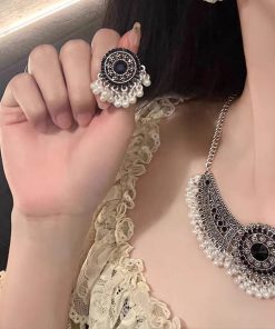 Retro Chinese-Style Tassel Imitation Miao Silver Necklace and Earring Set - Light Luxury Clavicle Chain, Ancient Accessories for Women