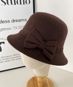 Retro Coffee Bowknot Fisherman Hat - Hepburn-Style French Elegant Bucket Hat for Autumn Winter Fashion