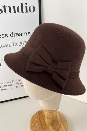 Retro Coffee Bowknot Fisherman Hat - Hepburn-Style French Elegant Bucket Hat for Autumn Winter Fashion