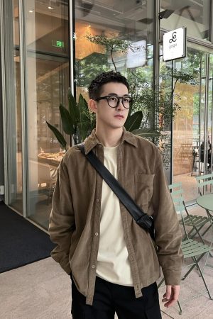 Retro Coffee Color Corduroy Shirt Jacket for Men - Loose Fit Japanese Style Casual Shirt for Autumn Winter Fashion