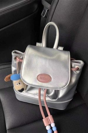 Retro Color Block Backpack in Sweet Silver Pink - Versatile Dual-Shoulder Bag for Commuters and College Students