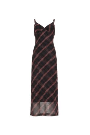 Retro Color Block Plaid V-Neck Backless Mesh Bodycon Dress - Simple Sexy Long Dress for 90s Y2K Fashion Enthusiasts