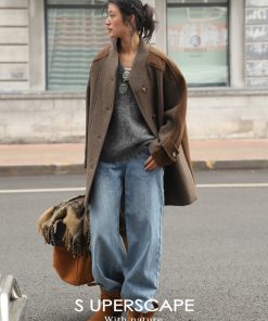 Retro Color-Block Wool Coat with Stand Collar - Loose H-Shaped Structured Design, Long Hair Wool - Vintage 90s Style