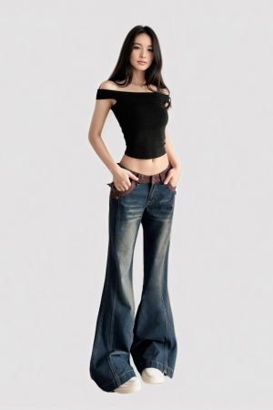 Retro Color-Blocked Flared Denim Pants - American Vintage Style Low-Waist Slim-Fit Casual Streetwear