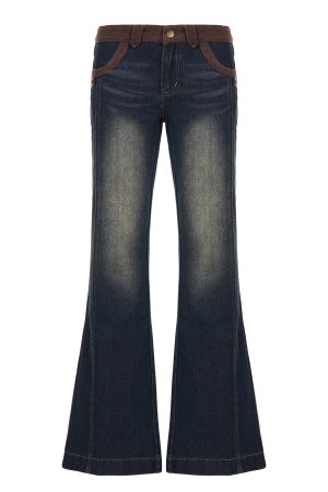 Retro Color-Blocked Flared Denim Pants - American Vintage Style Low-Waist Slim-Fit Casual Streetwear