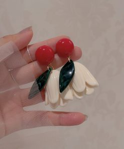 Retro Color-Blocking Floral Tulip Earrings for Women, Unique Exaggerated Design, Sweet Hong Kong Style Ear Clips for Small Faces