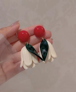 Retro Color-Blocking Floral Tulip Earrings for Women, Unique Exaggerated Design, Sweet Hong Kong Style Ear Clips for Small Faces