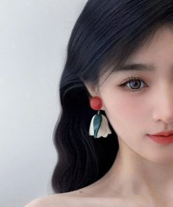 Retro Color-Blocking Floral Tulip Earrings for Women, Unique Exaggerated Design, Sweet Hong Kong Style Ear Clips for Small Faces