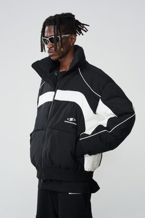 Retro Color-Blocking Spliced Sports Jacket with Curved Split Design and Stand Collar â€“ American Style Cotton Outerwear