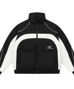 Retro Color-Blocking Spliced Sports Jacket with Curved Split Design and Stand Collar â€“ American Style Cotton Outerwear