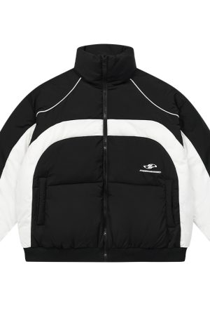 Retro Color-Blocking Spliced Sports Jacket with Curved Split Design and Stand Collar â€“ American Style Cotton Outerwear