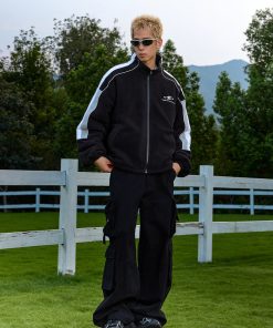 Retro Color-Blocking Stand-Up Collar Jacket - Padded Fleece Cotton Coat for Sporty Chic Style