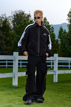 Retro Color-Blocking Stand-Up Collar Jacket - Padded Fleece Cotton Coat for Sporty Chic Style