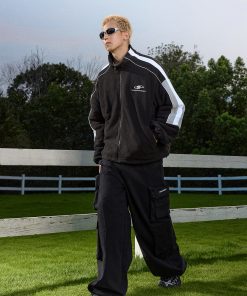 Retro Color-Blocking Stand-Up Collar Jacket - Padded Fleece Cotton Coat for Sporty Chic Style