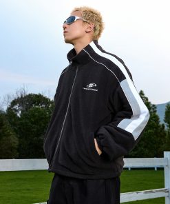 Retro Color-Blocking Stand-Up Collar Jacket - Padded Fleece Cotton Coat for Sporty Chic Style