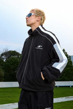 Retro Color-Blocking Stand-Up Collar Jacket - Padded Fleece Cotton Coat for Sporty Chic Style