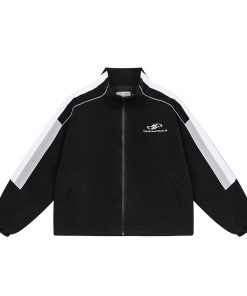 Retro Color-Blocking Stand-Up Collar Jacket - Padded Fleece Cotton Coat for Sporty Chic Style