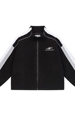 Retro Color-Blocking Stand-Up Collar Jacket - Padded Fleece Cotton Coat for Sporty Chic Style