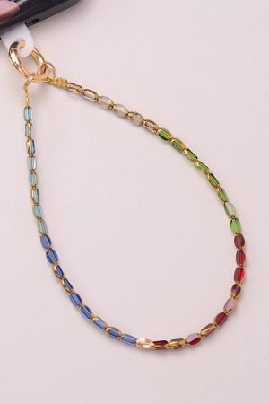 Retro Colorful Glass Metal Feel Short Wrist Strap Universal Mobile Phone Chain Pendant Accessory for Y2K Style Fashion