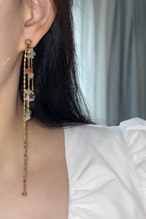 Retro Colorful Natural Stone Beaded Tassel Earrings for Women - Long Floating Design, Boho Chic Style
