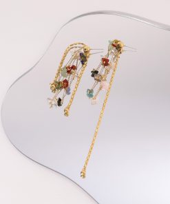 Retro Colorful Natural Stone Beaded Tassel Earrings for Women - Long Floating Design, Boho Chic Style