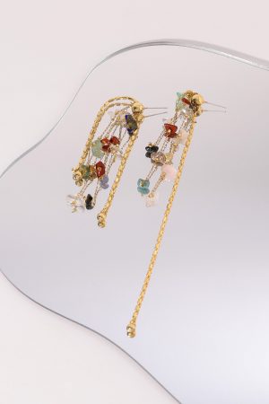 Retro Colorful Natural Stone Beaded Tassel Earrings for Women - Long Floating Design, Boho Chic Style