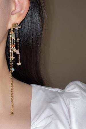 Retro Colorful Natural Stone Beaded Tassel Earrings for Women - Long Floating Design, Boho Chic Style