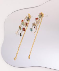 Retro Colorful Natural Stone Beaded Tassel Earrings for Women - Long Floating Design, Boho Chic Style