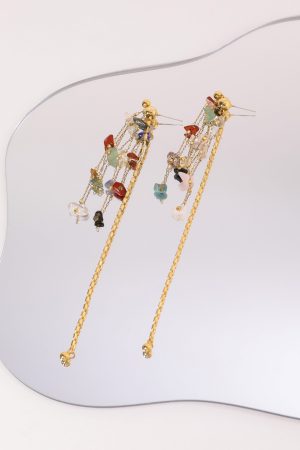Retro Colorful Natural Stone Beaded Tassel Earrings for Women - Long Floating Design, Boho Chic Style