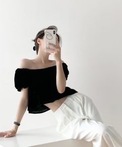 Retro Dark Pattern Pleated Doll Collar Velvet Top - Women's Summer Slim One-Shoulder Puff Sleeve Shirt