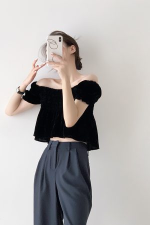 Retro Dark Pattern Pleated Doll Collar Velvet Top - Women's Summer Slim One-Shoulder Puff Sleeve Shirt