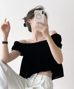 Retro Dark Pattern Pleated Doll Collar Velvet Top - Women's Summer Slim One-Shoulder Puff Sleeve Shirt