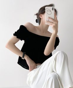 Retro Dark Pattern Pleated Doll Collar Velvet Top - Women's Summer Slim One-Shoulder Puff Sleeve Shirt
