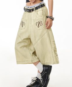 Retro Deconstructed Straight-Leg Denim Shorts for Women - Mid-Length Casual Summer Pants