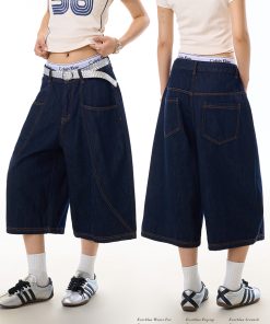 Retro Denim Blue Wide-Leg Three-Quarter Jeans for Women with Deconstructed Stitching, Casual Y2K Style Shorts