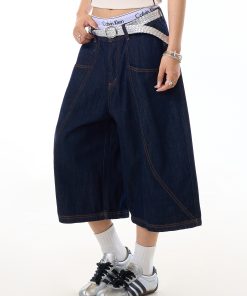 Retro Denim Blue Wide-Leg Three-Quarter Jeans for Women with Deconstructed Stitching, Casual Y2K Style Shorts